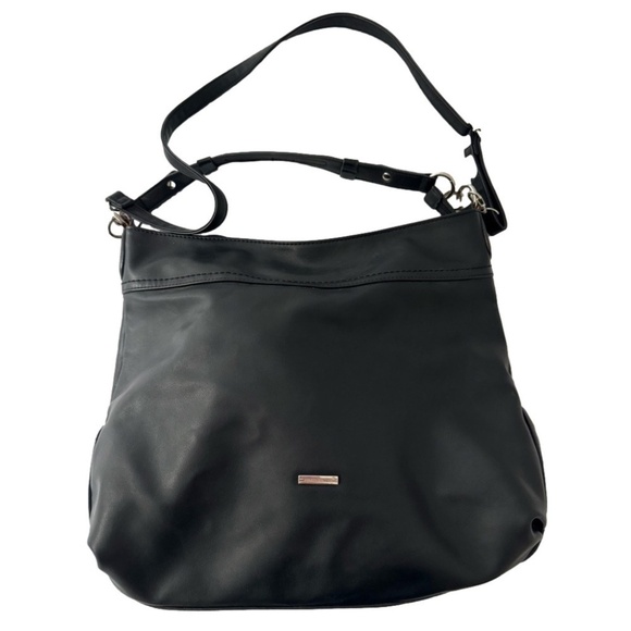 David Jones Paris Black Leather Handbag Crossbody Purse Silver Metal Accents - Picture 1 of 8